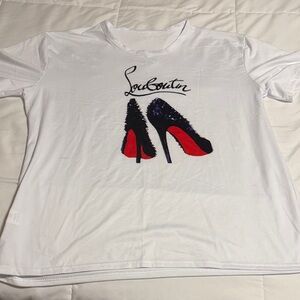 Source Unknown White Tee with Red and Black Shoe Design